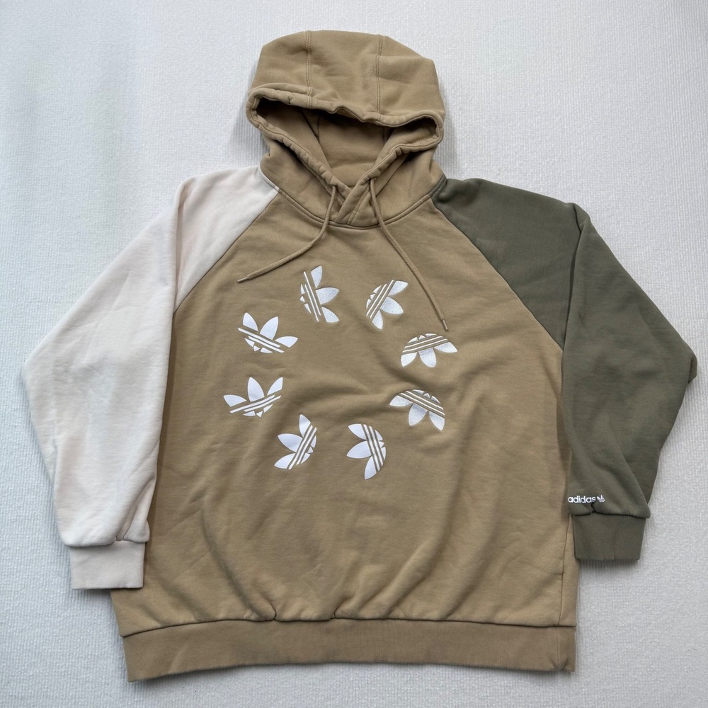 Adidas Hoodie Mens XL Shattered Trefoil Circle Graphic Tan Colorblock Streetwear